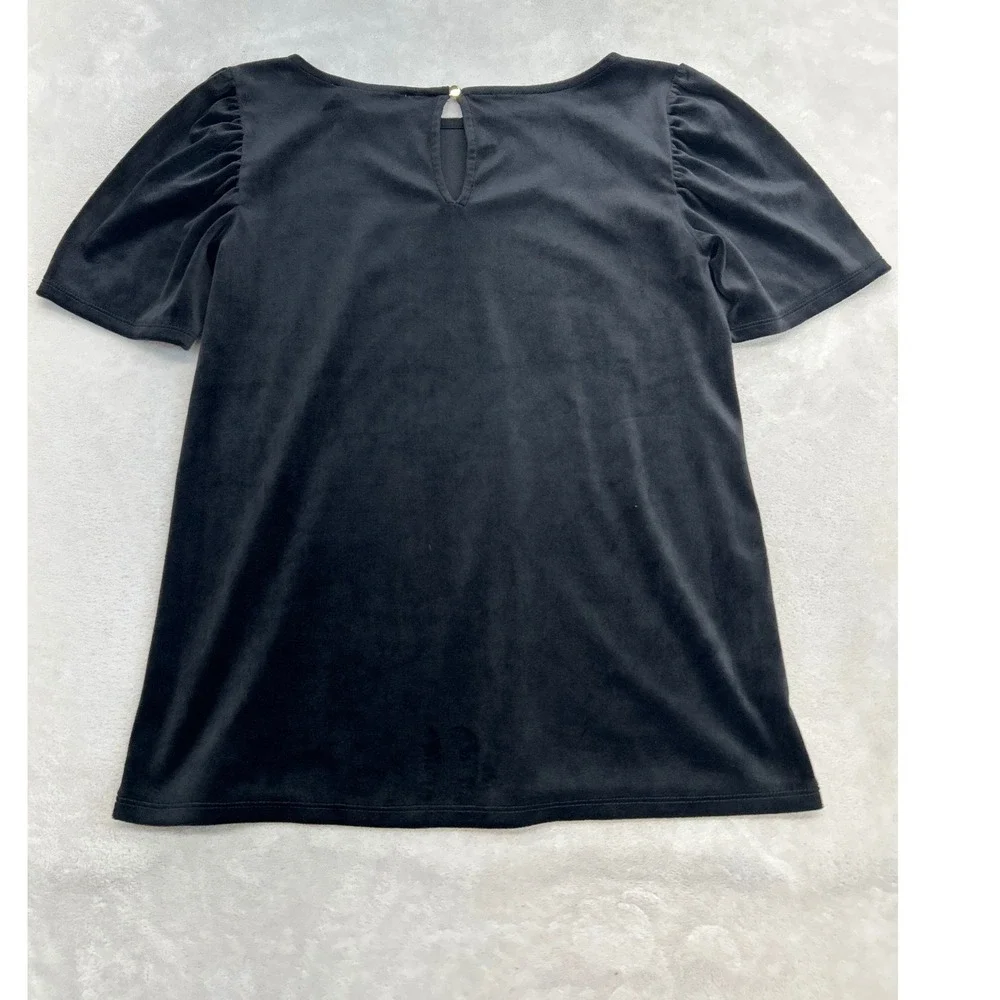 LOFT Velvet Top Women XS Black Short Puff Sleeve Keyhole Back Holiday Goth Chic